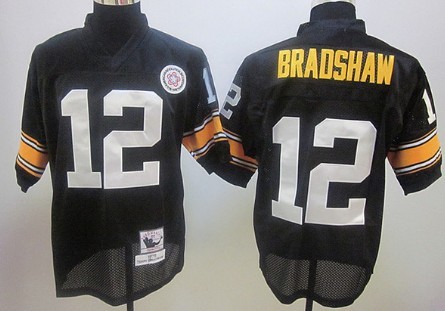 Mens Pittsburgh Steelers #12 Terry Bradshaw Black  Mitchell&Ness Throwback Jersey