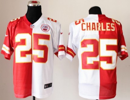 Men's Kansas City Chiefs #25 Jamaal Charles Red with White Nik Split Elite Jersey