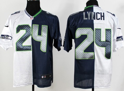 Men's Seattle Seahawks #24 Marshawn Lynch White With Blue Split Nik Elite Jersey