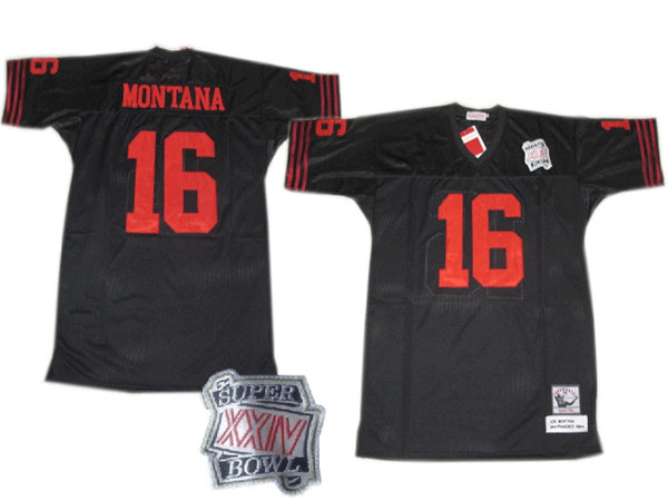 Mens Mitchell&Ness  NFL Jersey San Francisco 49ers #16 Joe Montana Black with XXIV superbowl Patch
