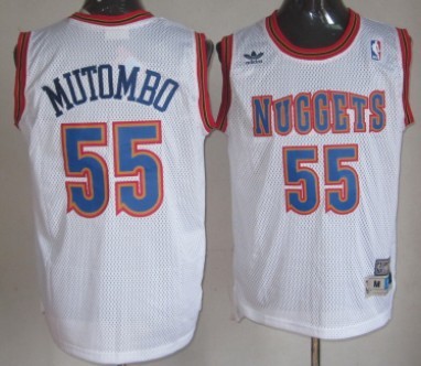 Men's Denver Nuggets #55 Dikembe Mutombo White Throwback Swingman Jersey