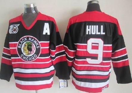 Men's CCM Chicago Blackhawks #9 Bobby Hull Black Pinstripe 75TH Throwback Jersey