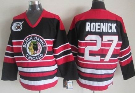 Men's CCM Chicago Blackhawks #27 Jeremy Roenick 1992 Black Pinstripe 75TH Throwback  Jersey