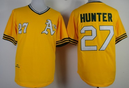 Men's Oakland Athletics #27 Catfish Hunter 1976 Yellow Cooperstown Throwback Jersey