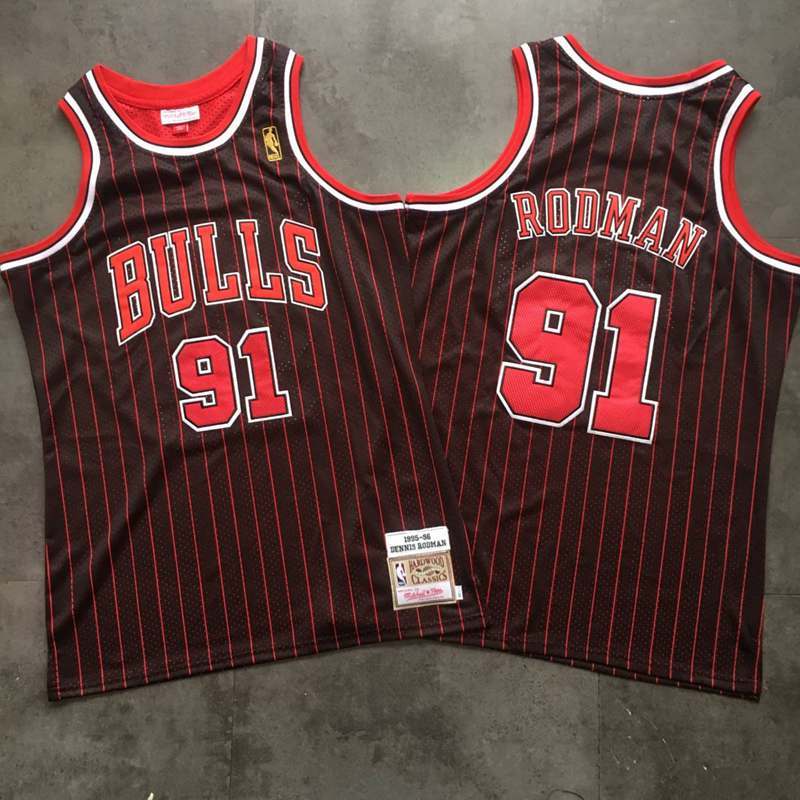 Men's Chicago Bulls #91 Dennis Rodman Black Pinstripe Hardwood Classics Throwback Jersey