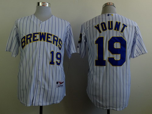 Men's Milwaukee Brewers Retired Player #19 Robin Yount White Pinstripe Jersey