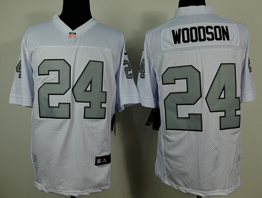 Men's Oakland Raiders #24 Charles Woodson White With Silvery Nik Elite Jersey