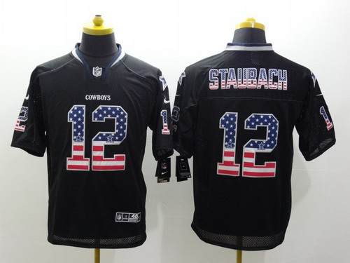 Men's Dallas Cowboys #12 Roger Staubach 2014 USA Flag Fashion Black Nik Elite Jerseys