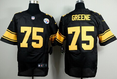 Men's Pittsburgh Steelers #75 Joe Greene Black With Yellow Nik Elite Jersey