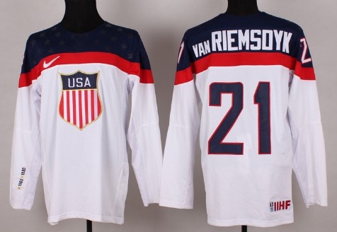 Men's USA #21 James van Riemsdyk White 2014 Olympics Hockey Jersey