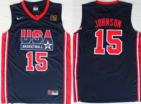 Men's Team USA Basketball #15 Magic Johnson Navy Blue Throwback Jersey