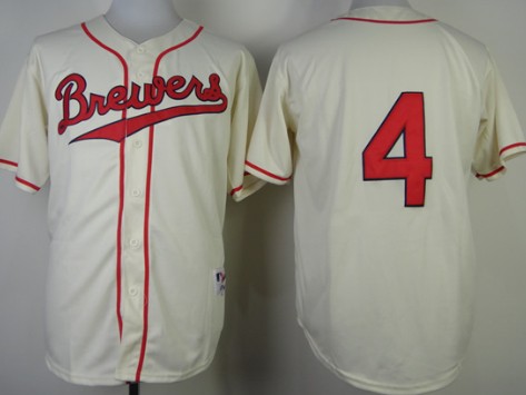 Men's Milwaukee Brewers #4 Paul Molitor 1948 Cream Red Jersey