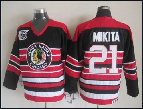 Men's Chicago Blackhawks #21 Stan Mikita Black Pinstripe 75TH Throwback Jersey