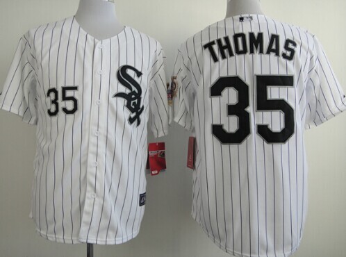Men's Chicago White Sox #35 Frank Thomas White With Black Pinstripe With 75TH Patch Jersey