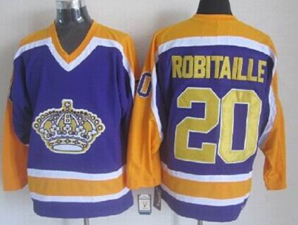 Men's Los Angeles Kings #20 Luc Robitaille Purple With Yellow Throwback CCM Jersey