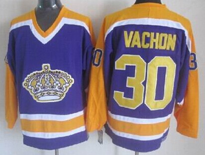 Men's Los Angeles Kings #30 Rogie Vachon Purple With Yellow Throwback CCM Jersey