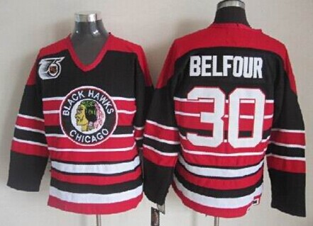 Men's Chicago Blackhawks #30 Ed Belfour Black Pinstripe 75TH Throwback CCM Jersey