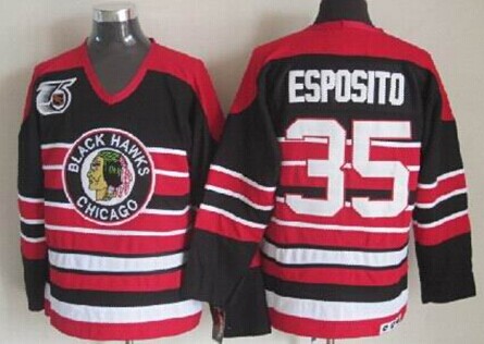 Men's Chicago Blackhawks #35 Tony Esposito Black Pinstripe 75TH Throwback CCM Jersey