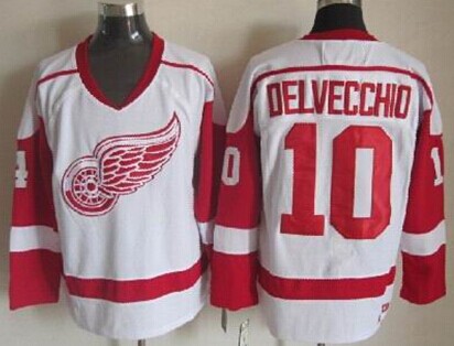 Men's Detroit Red Wings #10 Alex Delvecchio White Throwback CCM Jersey