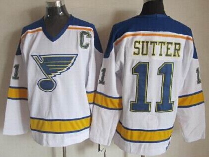 Men's St. Louis Blues #11 Brian Sutter White Throwback CCM Jersey