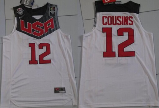 Men's 2014 FIBA Team USA #12 DeMarcus Cousins Revolution 30 Swingman White Jersey