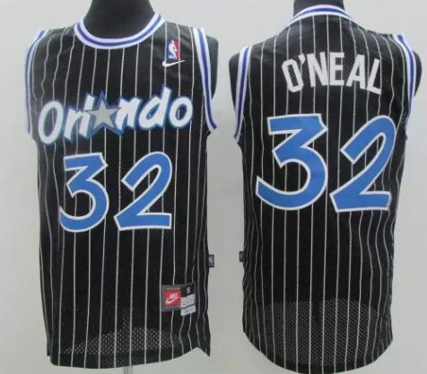 Mens Orlando Magic #32 Shaquille Oneal Black Pinstripe Nike Throwback Jersey