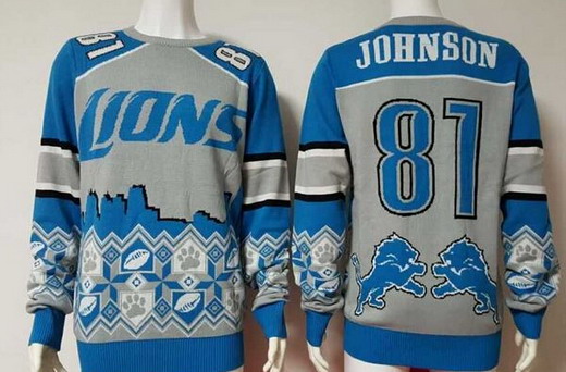 Men's Detroit Lions #81 Calvin Johnson Gray Blue NFL Sweater