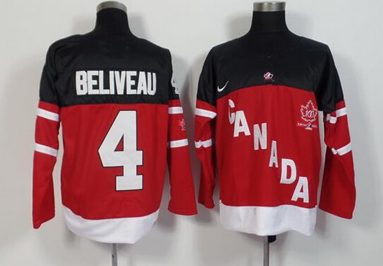 1914-2014 Men's Team Canada 100TH Anniversary Jersey #4 Jean Beliveau Retired Player Red 