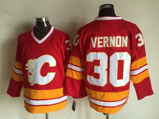 Men's Calgary Flames #30 Mike Vernon 1989 Red CCM Vintage Throwback Jersey