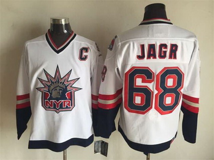 Mens New York Rangers #68 Jaromir Jagr 1996-97 White Statue Of Liberty CCM Vintage Throwback Jersey