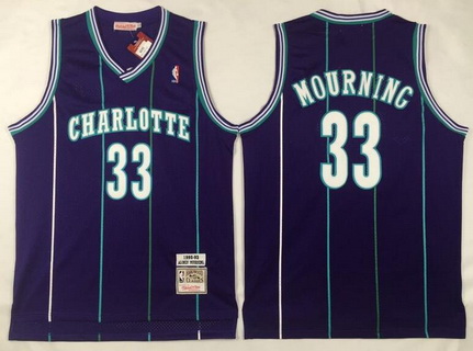 Men's Charlotte Hornets #33 Alonzo Mourning 1992-93 Purple Hardwood Classics Soul Swingman Throwback Jersey