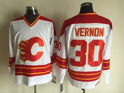 Men's Calgary Flames #30 Mike Vernon 1989 White CCM Vintage Throwback Jersey