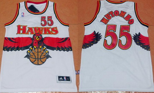 Mens Atlanta Hawks #55 Dikembe Mutombo 1990 White Hardwood Classics Soul Swingman Throwback Jersey