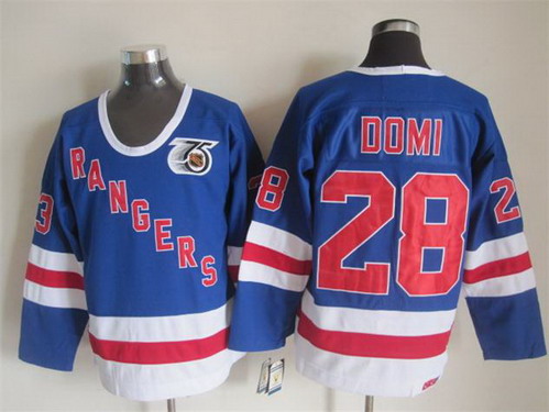 Mens New York Rangers #28 Tie Domi Light Blue 1991 75TH CCM Vintage Throwback Jersey