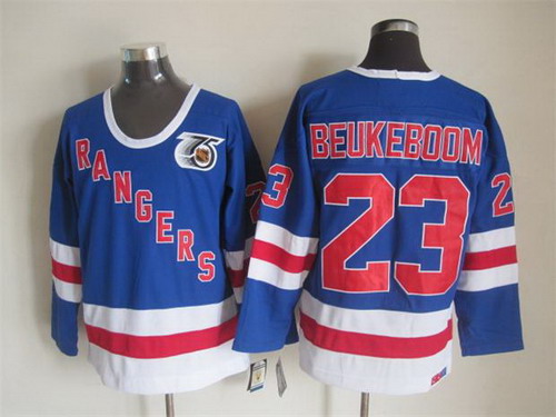 Mens New York Rangers #23 Jeff Beukeboom Light Blue 1991 75TH CCM Vintage Throwback Jersey