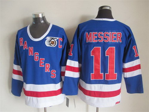 Mens New York Rangers #11 Mark Messier Light Blue 1991 75TH CCM Vintage Throwback Jersey