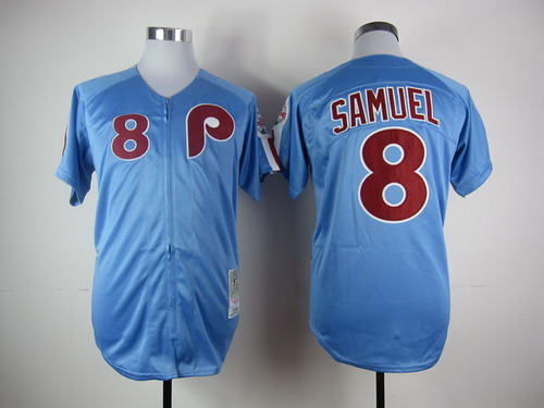 Men's Philadelphia Phillies #8 Juan Samuel 1984 Blue Zipper Throwback Jersey