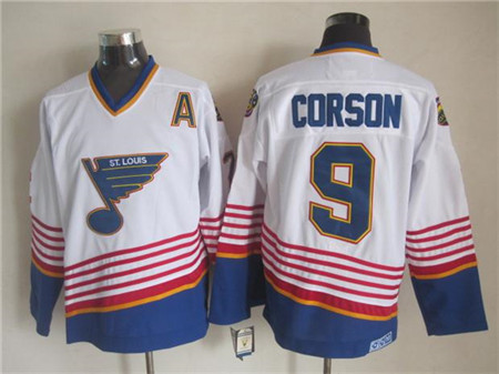 Men's St. Louis Blues #9 Shayne Corson 1995-96 White Red CCM Throwback Jersey