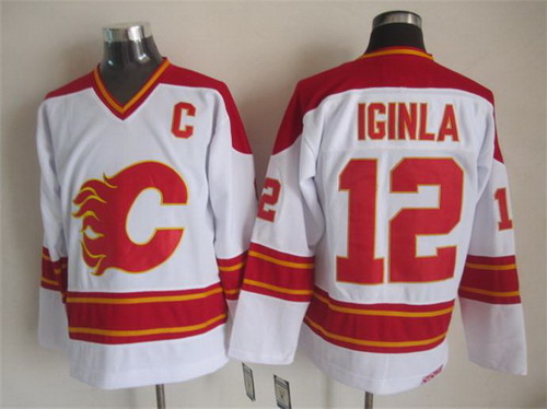 Men's Calgary Flames #12 Jarome Iginla 1989 White CCM Vintage Throwback Jersey