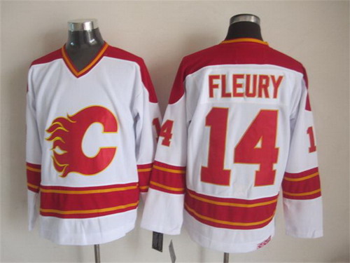 Men's Calgary Flames #14 Theoren Fleury 1989 White CCM Vintage Throwback Jersey