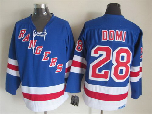 Mens New York Rangers #28 Tie Domi Light Blue 1990's Throwback CCM Jersey