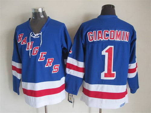 Mens New York Rangers #1 Eddie Giacomin Light Blue 1972 CCM Throwback Away Hockey Jersey