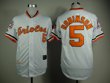 Men's Baltimore Orioles #5 Brooks Robinson 1970 White Throwback Jersey with Hall Of Fame Patch