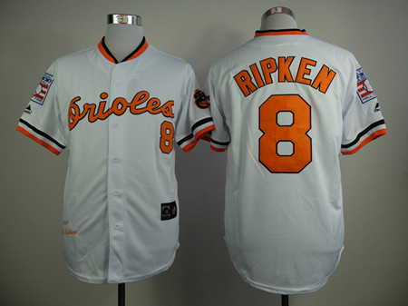 Men's Baltimore Orioles #8 Cal Ripken 1970 White Throwback Jersey with Hall Of Fame Patch