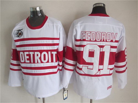 Men's Detroit Red Wings #91 Sergei Fedorov White 75TH Throwback CCM Jersey