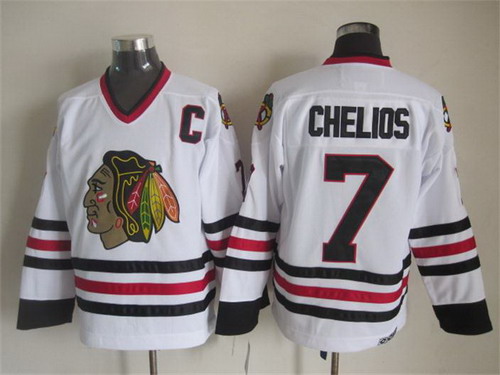 Men's Chicago Blackhawks #7 Chris Chelios White 1996 CCM Vintage Throwback Jersey