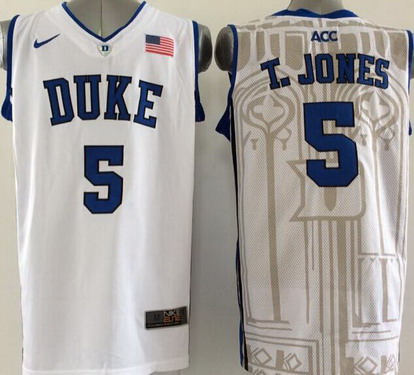 Men's Duke Blue Devils #5 Tyus Jones 2015 White Basketball Jersey
