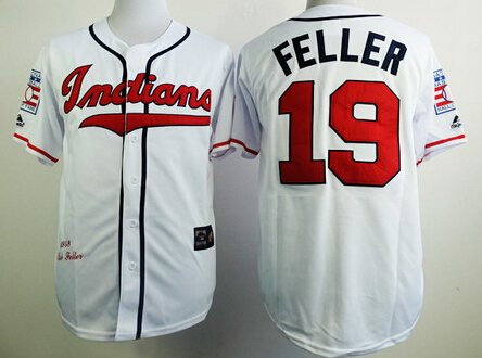 Men's Cleveland Indians #19 Bob Feller White Throwback Jersey