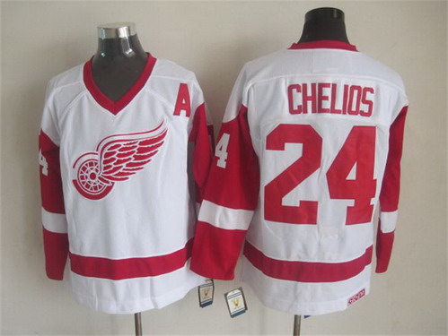 Men's Detroit Red Wings #24 Chris Chelios White CCM Vintage Throwback Jersey