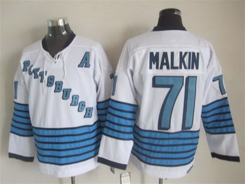 Men's Pittsburgh Penguins #71 Evgeni Malkin White  Stripe CCM Vintage Throwback 1967 Home Jersey